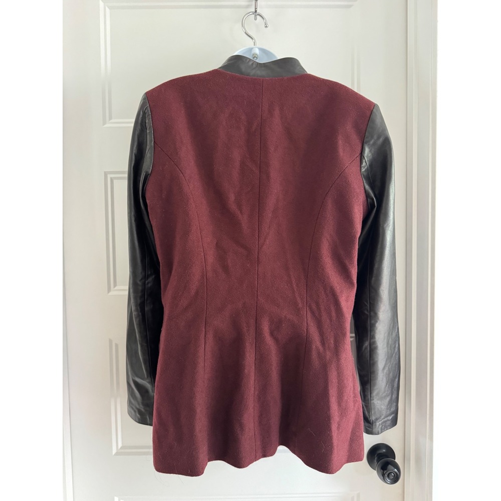 Danier Womens Italian Leather Sleeve Wool Blend Blazer Burgundy Black Medium - Picture 8 of 11